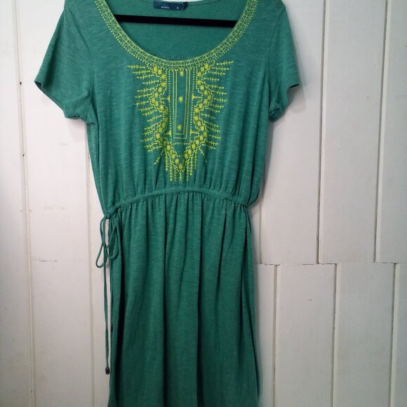 Prana Dress Women M Short Sleeve Embroidery Cinch Waist Athleisure Green Yellow - Picture 2 of 15